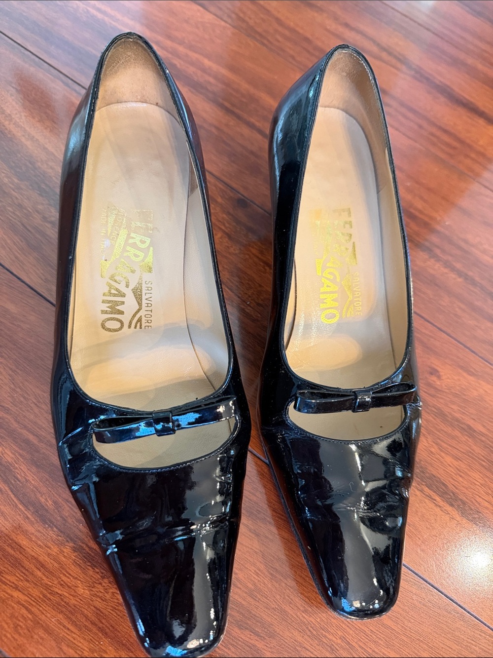 Salvatore Ferragamo Black Patent Leather Mary Jane Kitten Heels - Picture 2 of 6